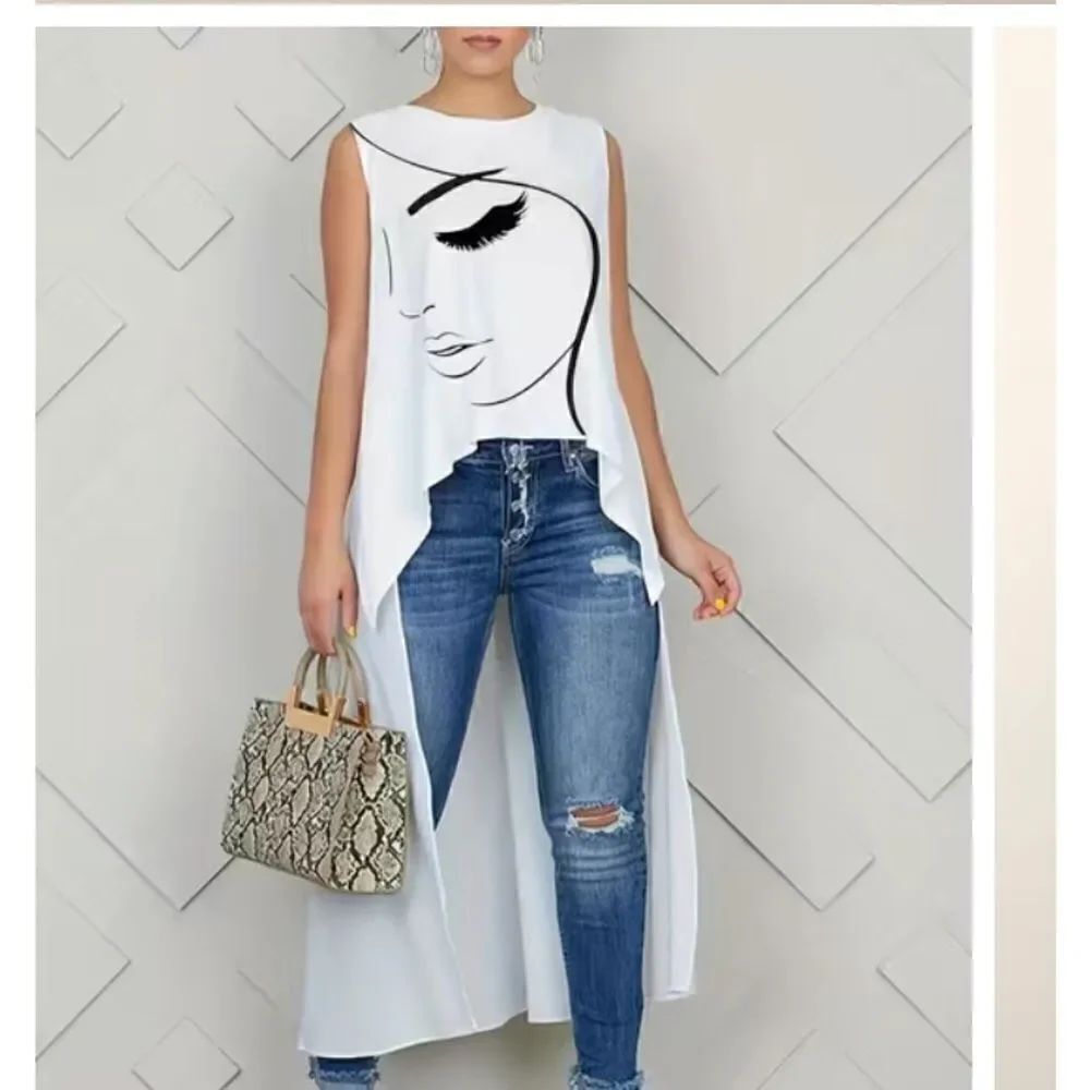Sleeveless abstract, figure print round neck, asymmetrical hem tunic top.